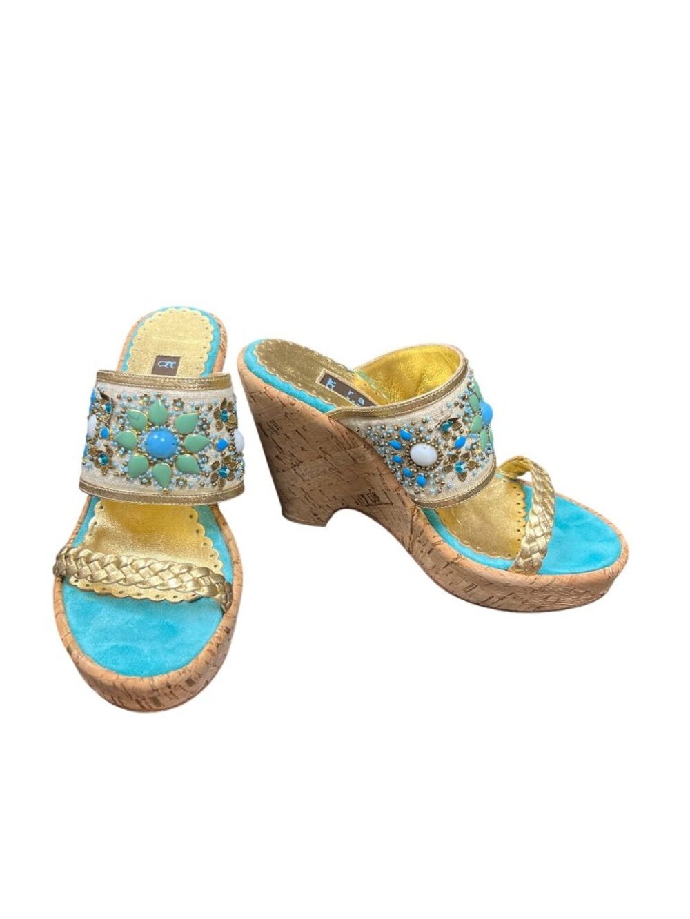 RAFE New York wms blue green jeweled 4.5" cork wedge heels sz 38/8 SKU 10-364